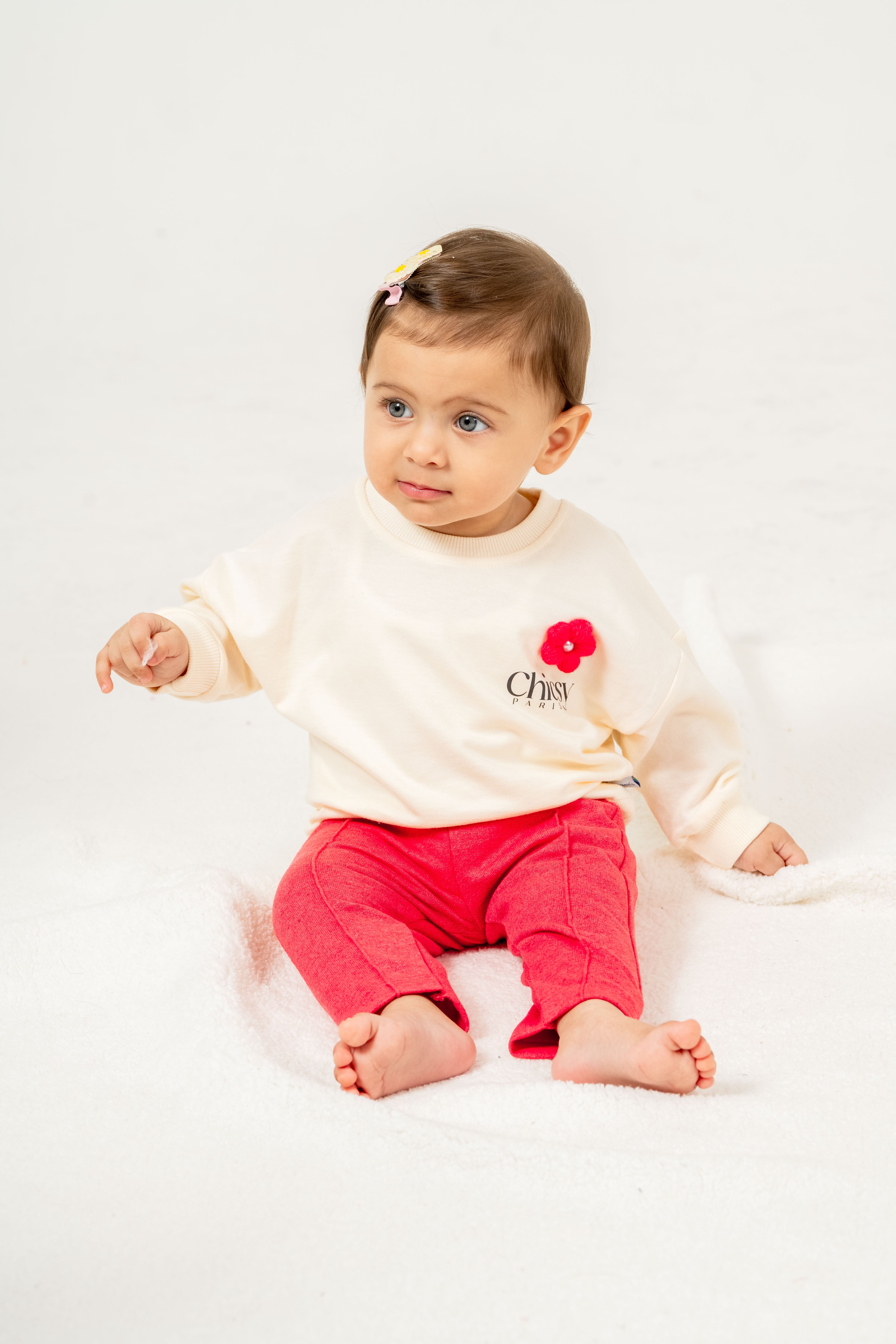 Kız Bebek Çiçek Aplikeli Sweatshirt ve Yumuşak Kumaşlı Tayt 2’li Takım